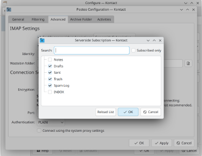 Screenshot of advanced IMAP settings in KMail, showing the server-side subscriptions
