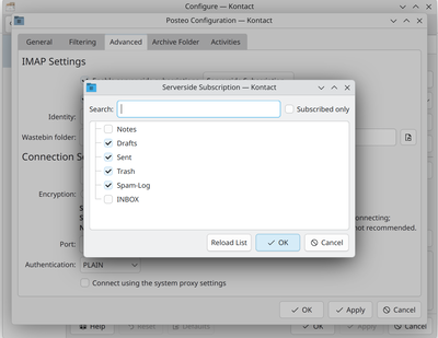 Screenshot of advanced IMAP settings in KMail, showing the server-side subscriptions